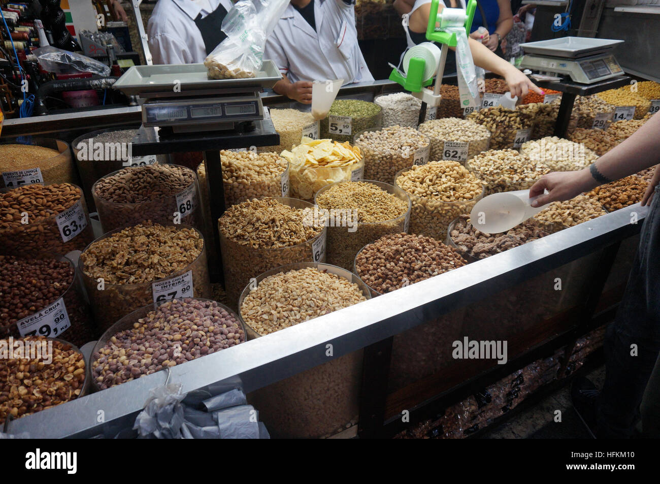 Nut vendor at the Municipal Market in Sao Paulo, Brazil Stock Photo