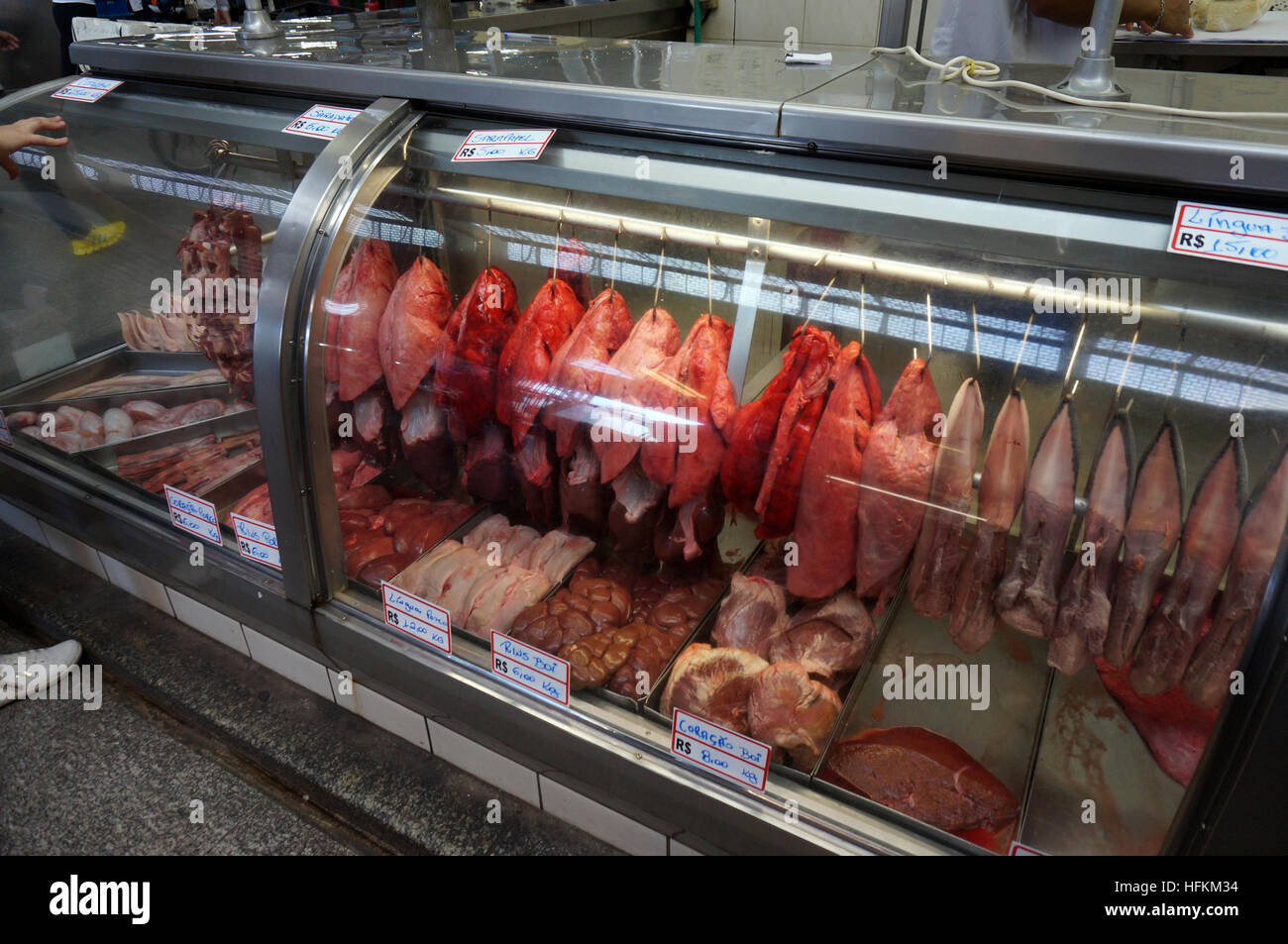 Meat Counter at a Butcher Shop at the Municipal Market in Sao Paulo, Brazil Stock Photo