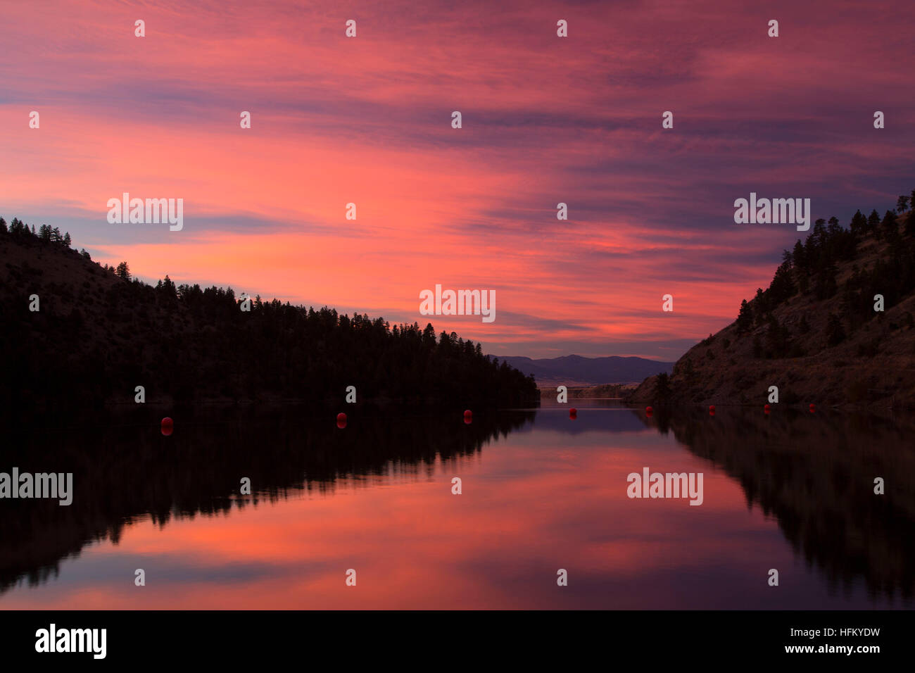 Hauser Lake dawn from Hauser Dam, Helena National Forest, Montana Stock