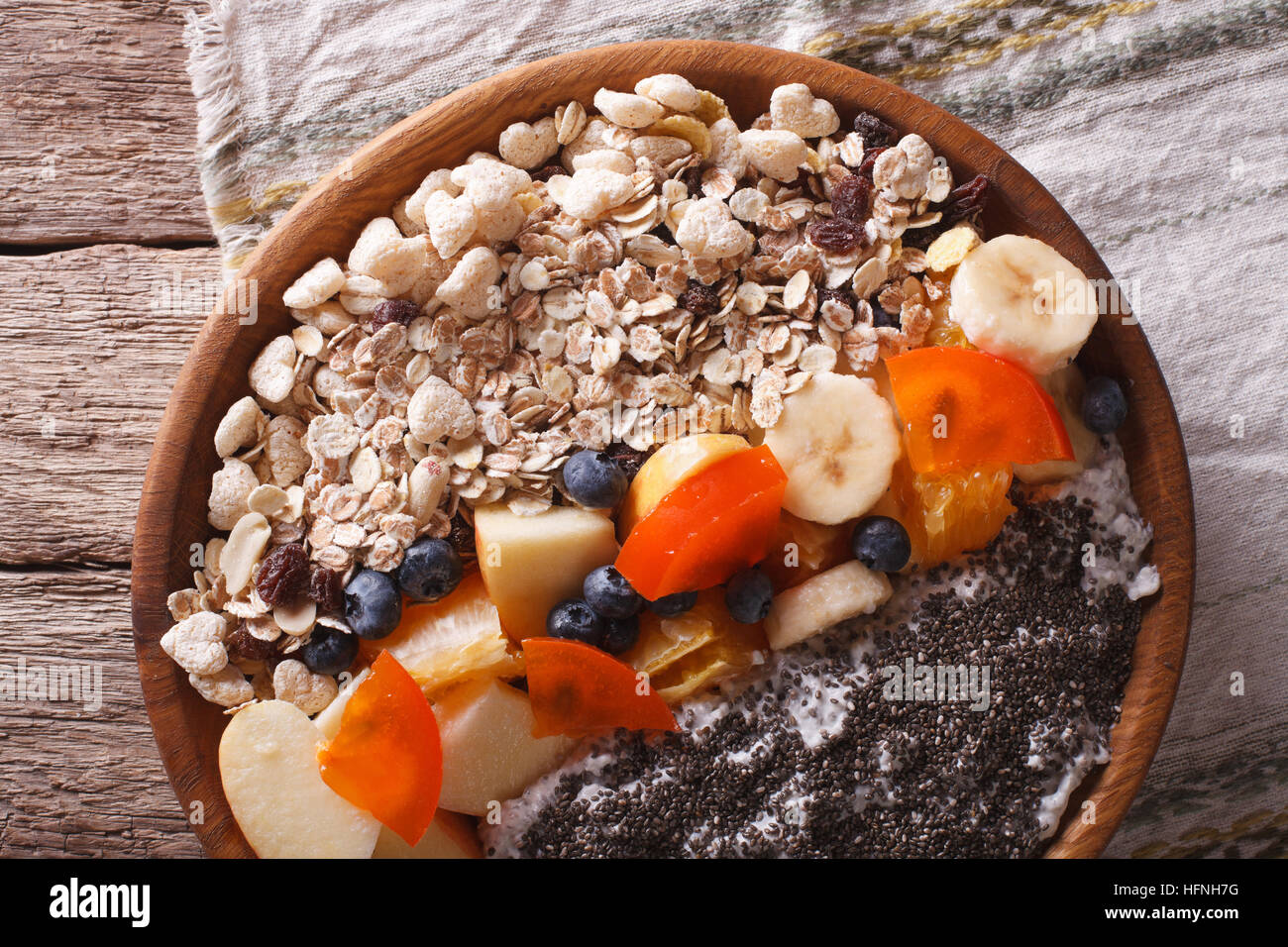 Healthy food: muesli with fruit and chia seeds close-up on a plate. horizontal view from above Stock Photo
