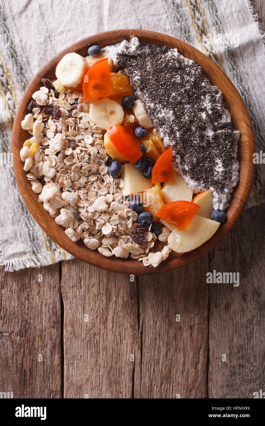 Healthy food: muesli with fruit and chia seeds on a plate. vertical top view Stock Photo