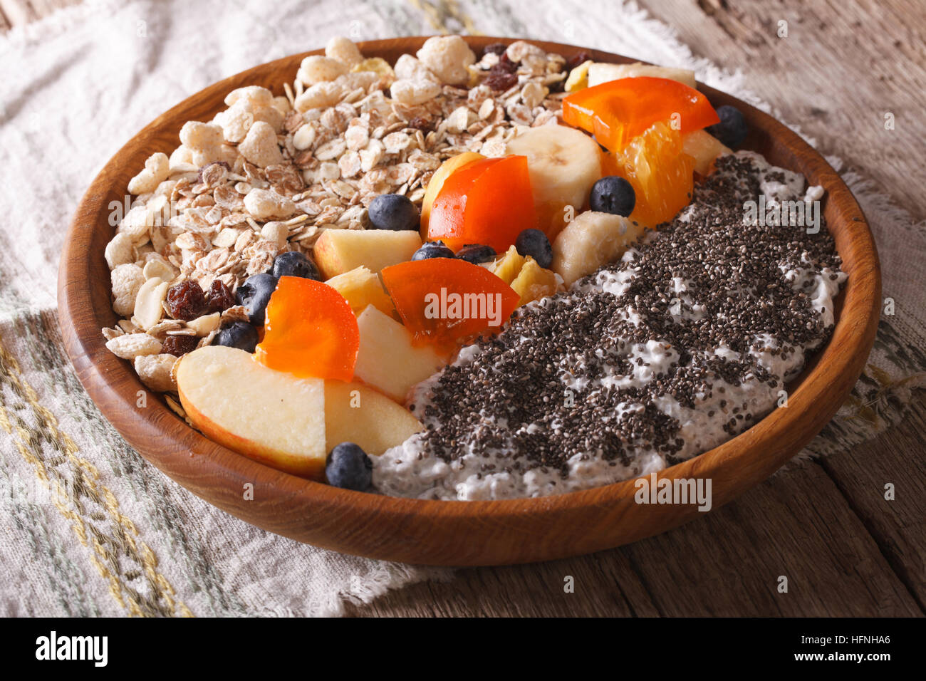 Healthy food: muesli with fruit and chia seeds close-up on a plate. horizontal Stock Photo