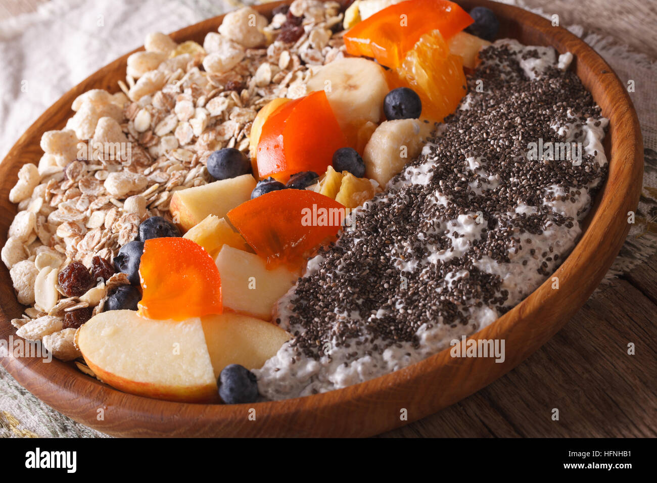 Homemade muesli with fruit and chia seeds close-up on a plate. horizontal Stock Photo