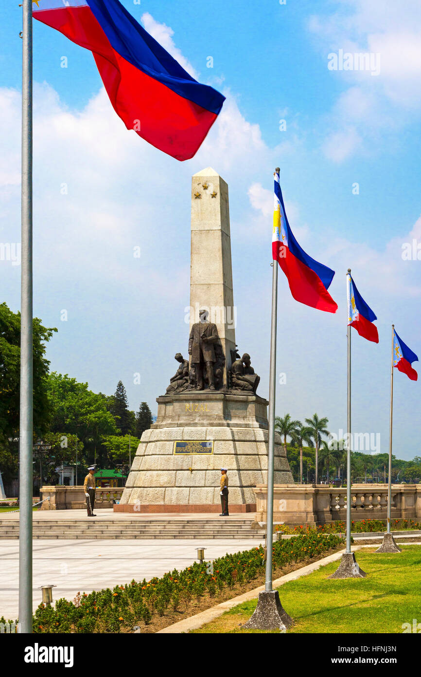 Flags, marines and statue at Rizal Park, Luneta, Manila, Philippines Stock Photo