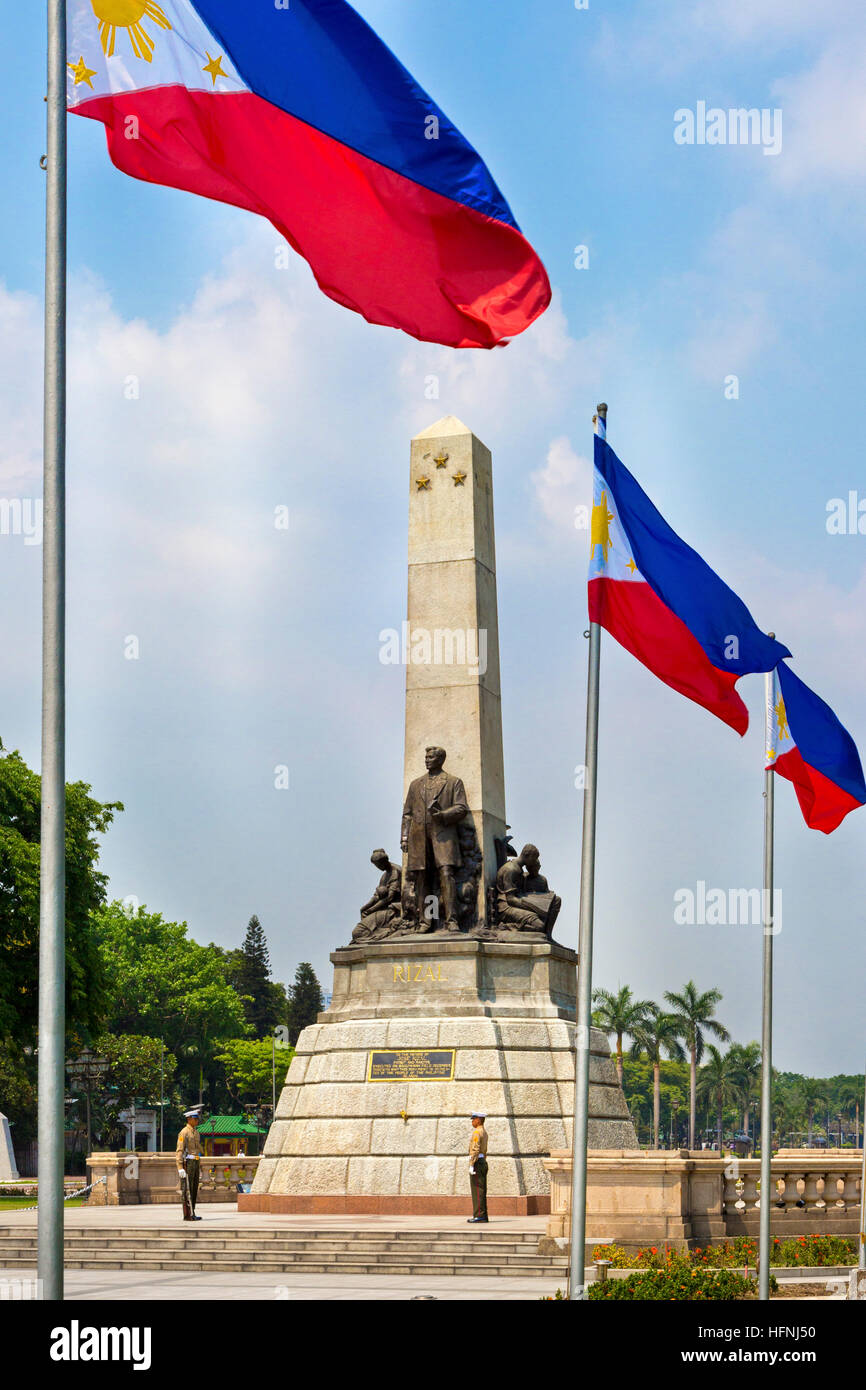 Flags, marines and statue at Rizal Park, Luneta, Manila, Philippines Stock Photo