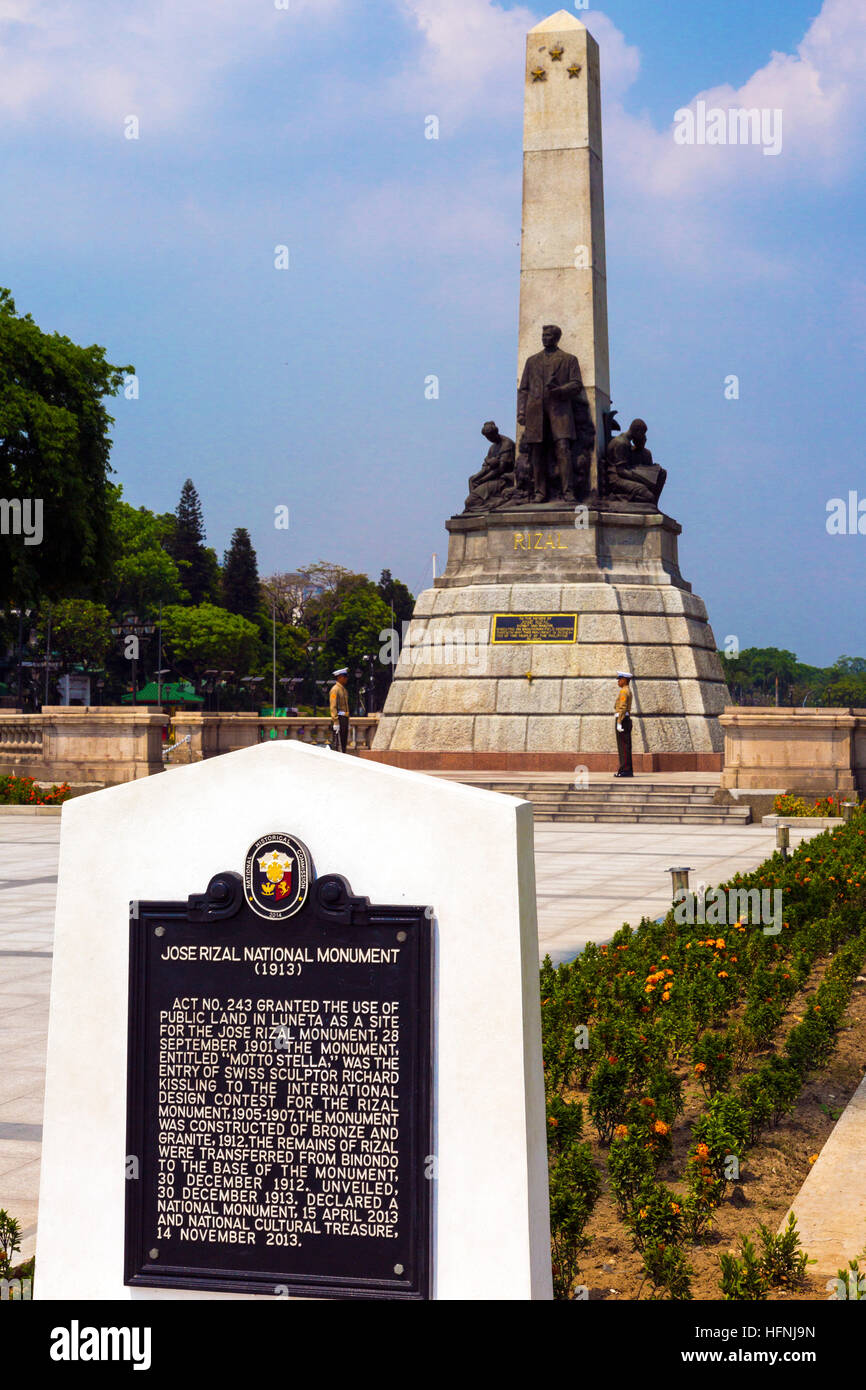 Sign, marines and monument at Rizal Park, Luneta, Manila, Philippines Stock Photo