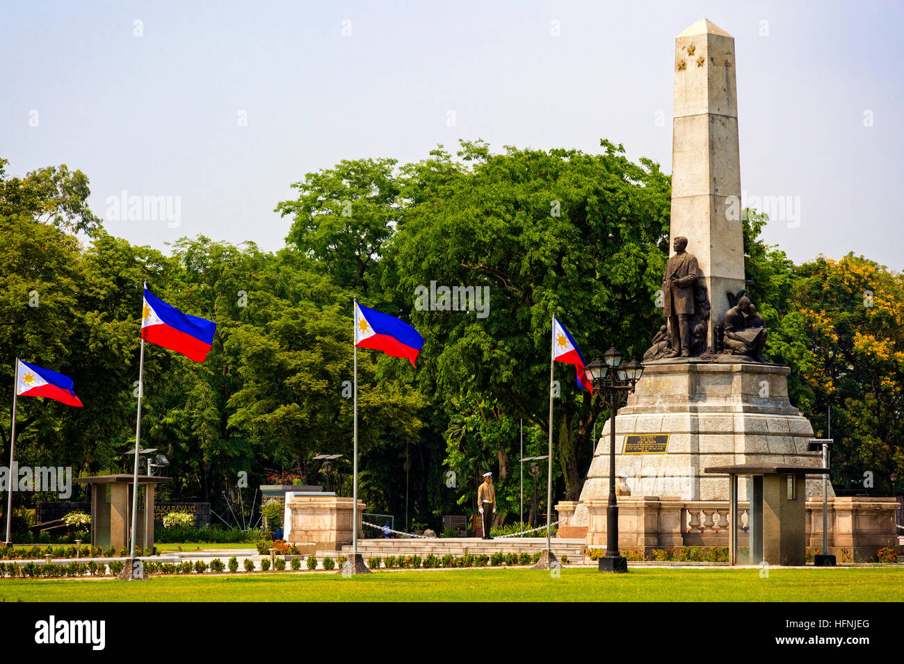 Flags, marines and monument at Rizal Park, Luneta, Manila, Philippines Stock Photo