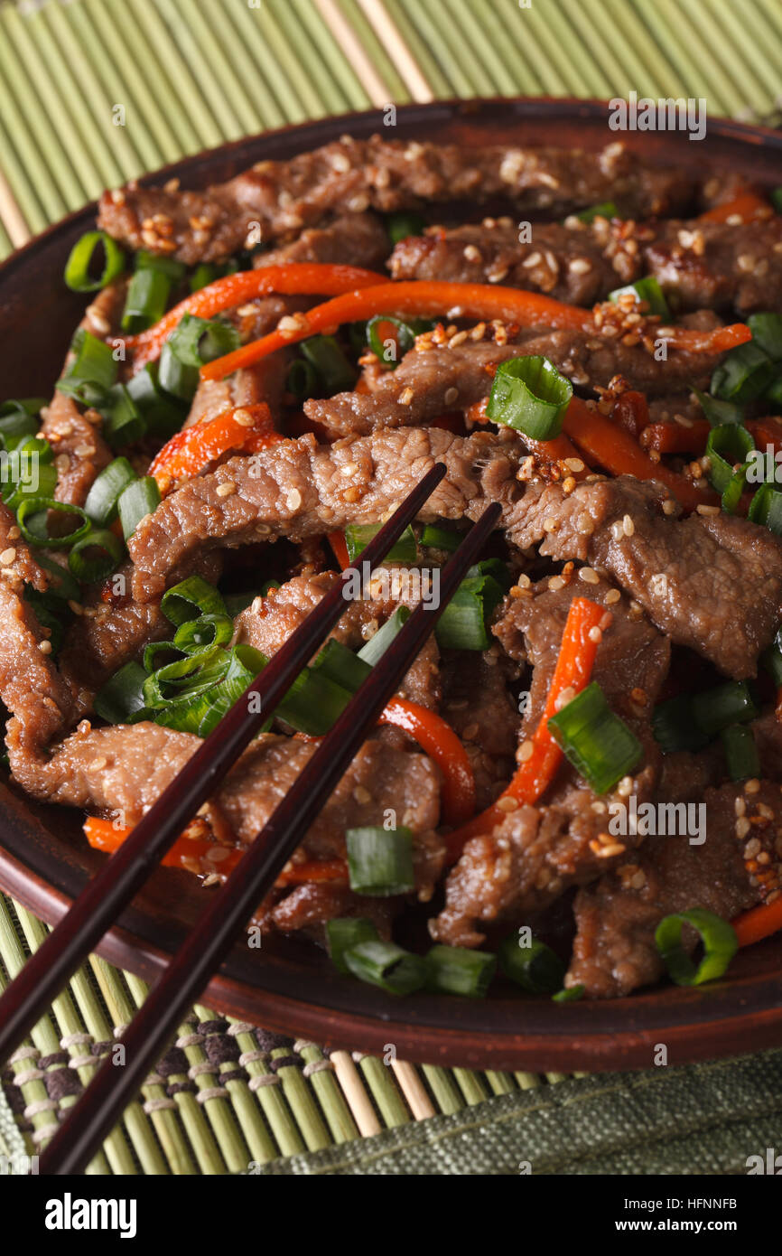 Korean Food Bulgogi beef with carrot and onion on the plate closeup
