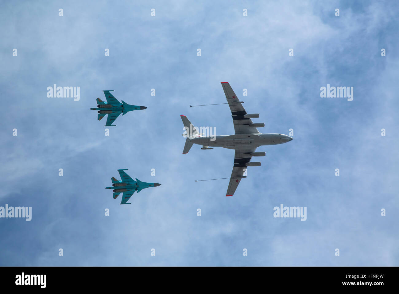 The Il-78 refueling aircraft and the Su-34 fighter-bombers during the military parade marking the Victory day during the air parade in Moscow, Russia Stock Photo
