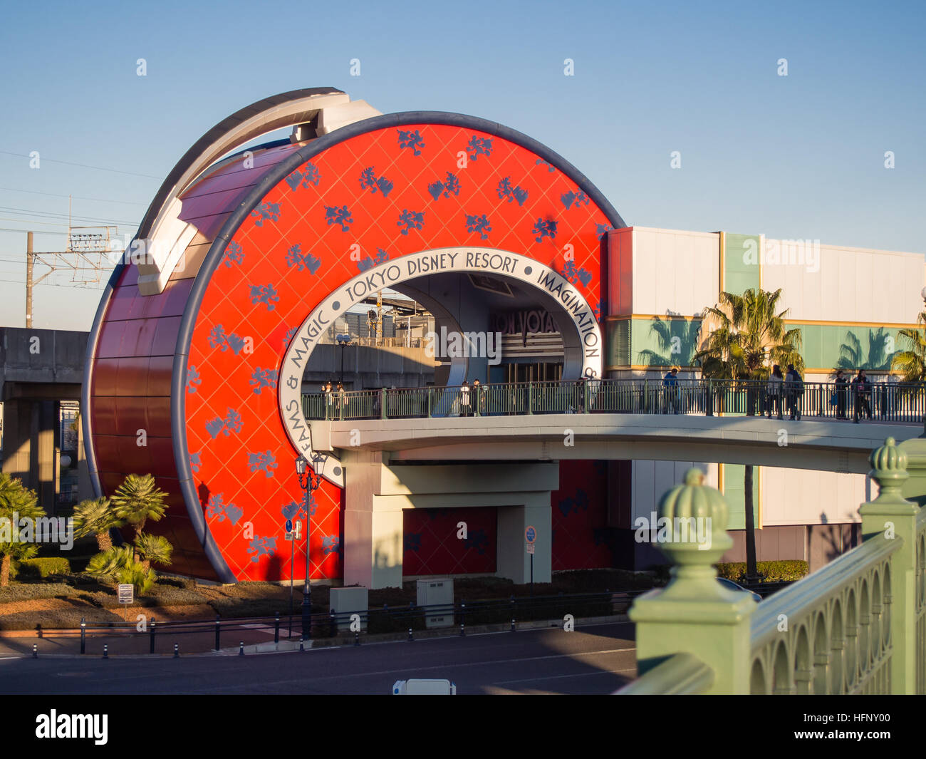 A bridge that connects the Maihama JR station and the Tokyo Disneyland Theme Park Resort in Tokyo, Japan. Stock Photo