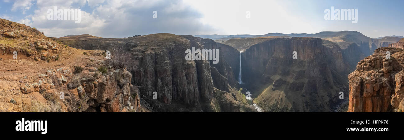 Panorama of the Maletsunyane Falls and large canyon in the mountainous highlands near Semonkong, Lesotho, Africa Stock Photo