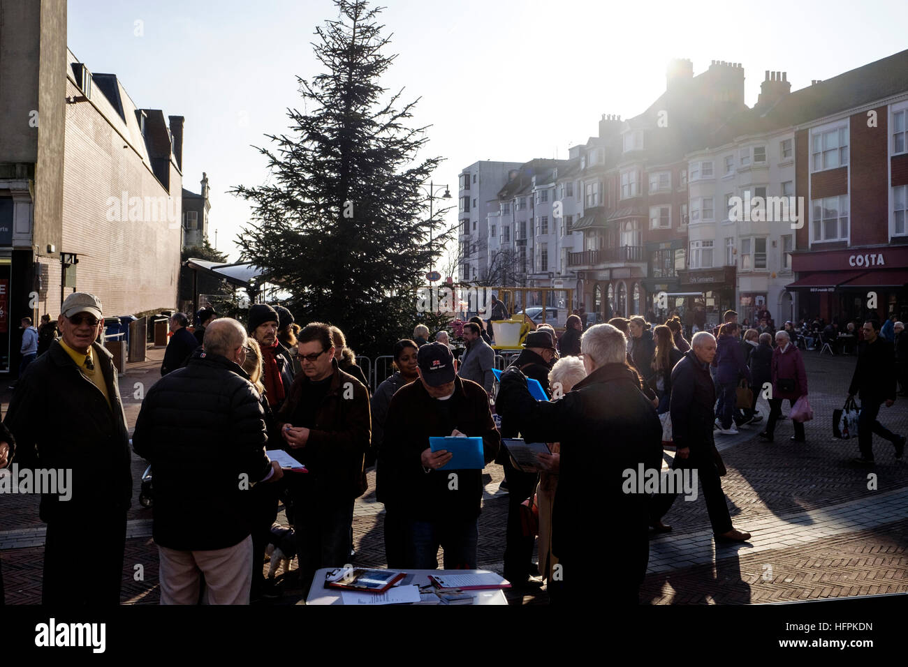 Local residents sign a petition against the building of a high rise block on the sea front. The 21-storey tower is planned on the site of the old Aquarena sports complex on 31/12/2016 in Worthing Town Centre. Picture by Julie Edwards Stock Photo