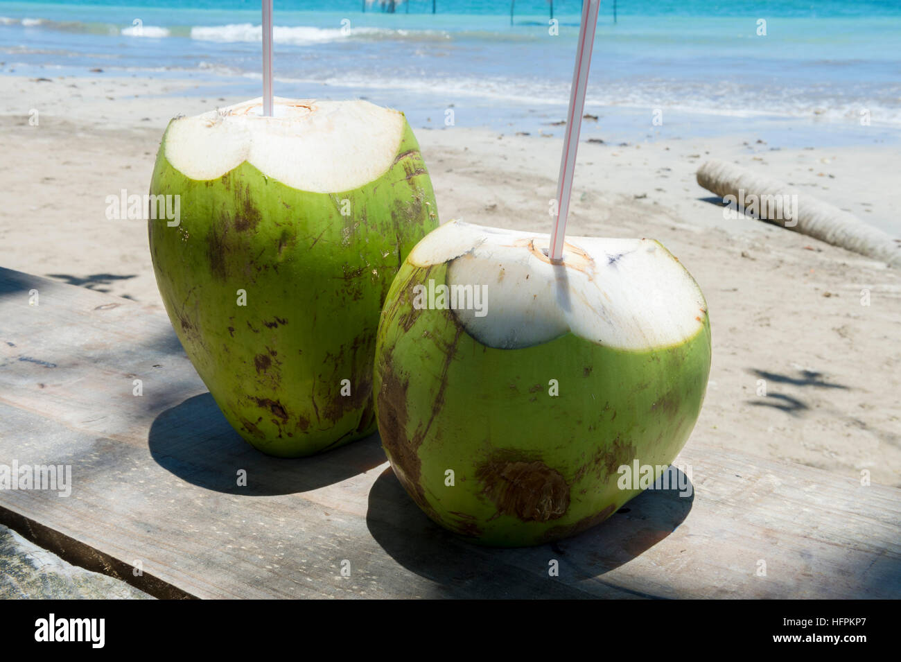 Pair of green drinking coconuts on the shore of a Brazilian beach in