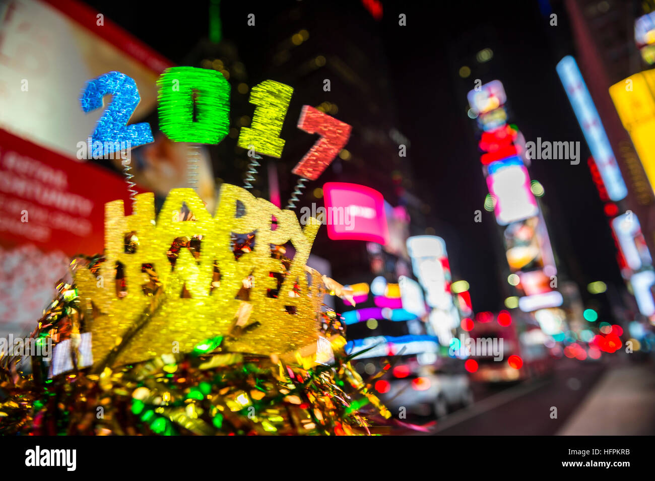Happy New Year 2017 party hat celebrating in Times Square, New York City Stock Photo