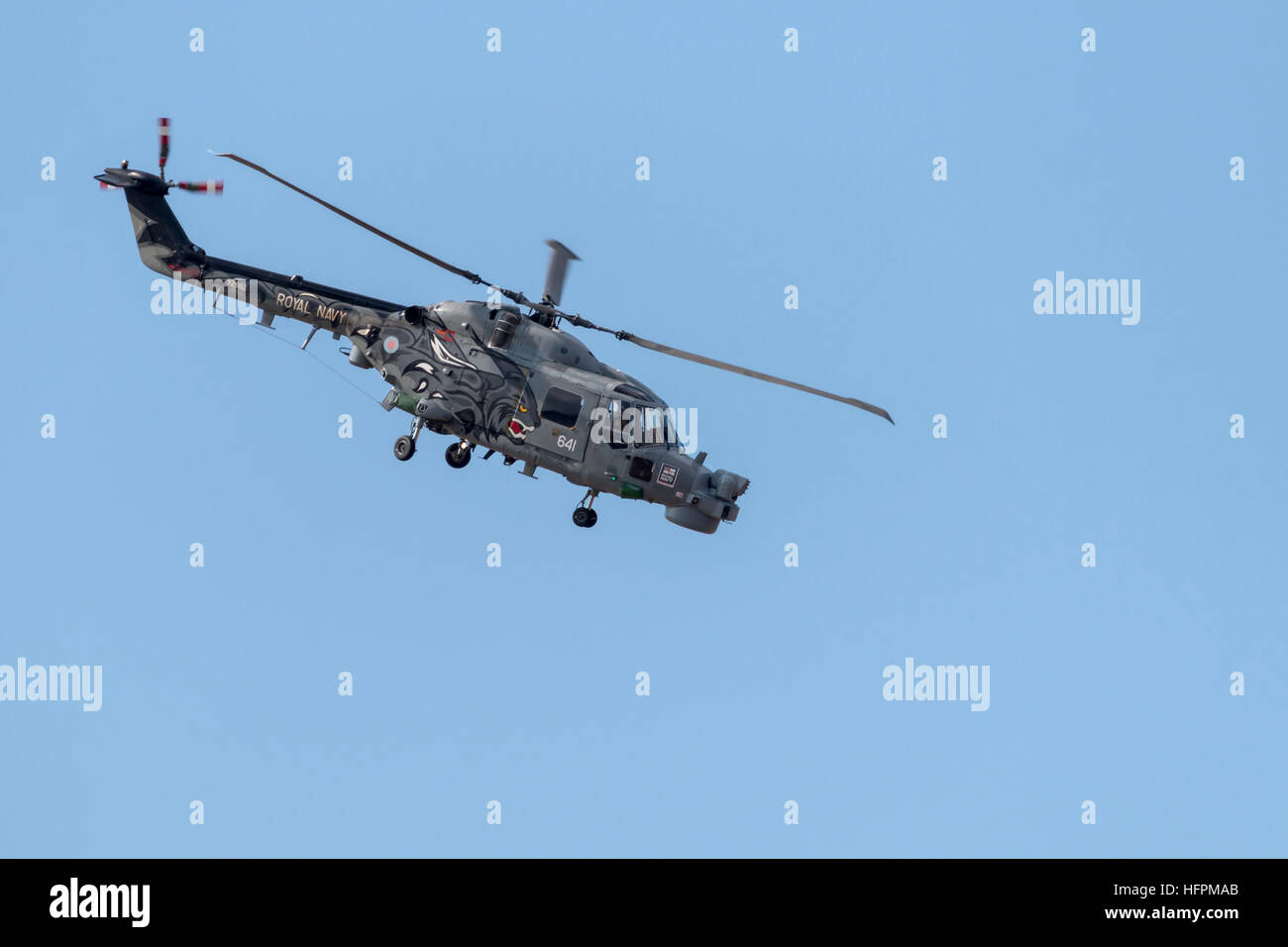 Royal Navy Augusta Westland Wildcat HMA.2 helicopter, one of the Black Cats display team performing at the southport airshow Stock Photo