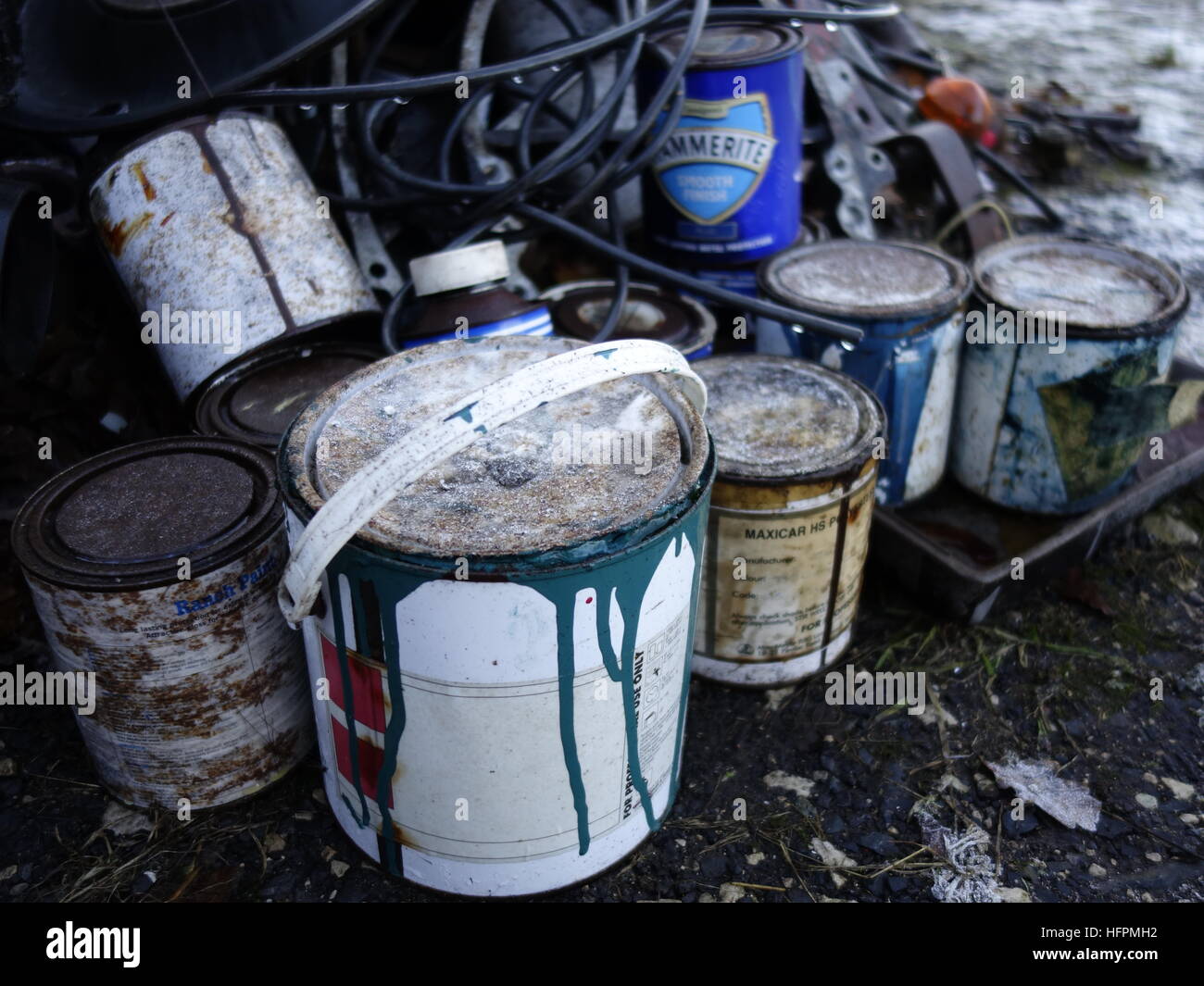 Collection of old rusty paint cans Stock Photo Alamy