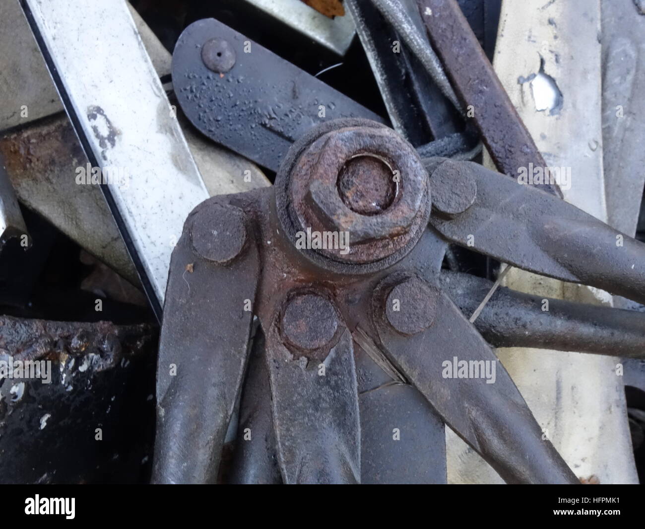 Close up shot of interesting metal components from a scrap heap Stock Photo