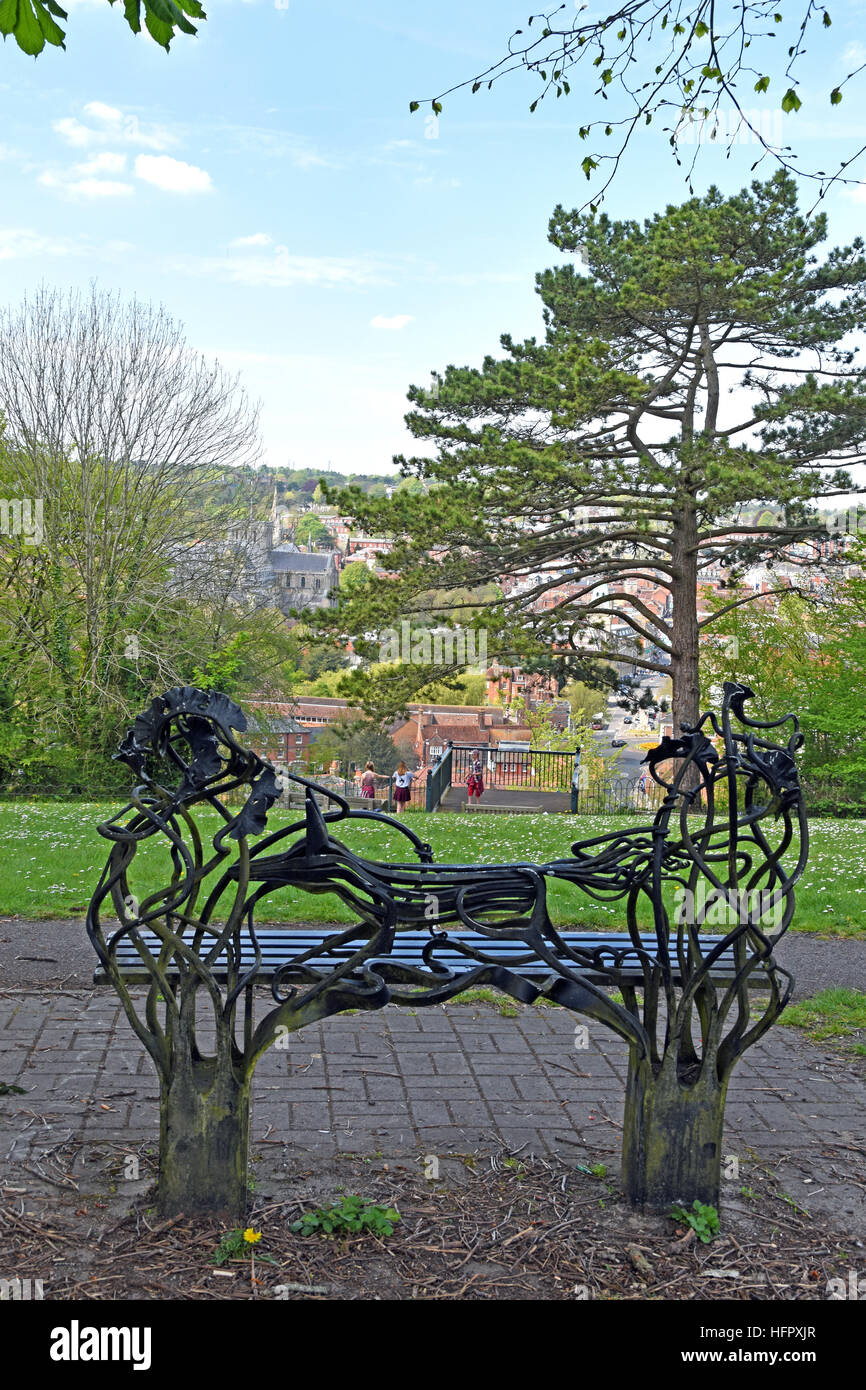 Sculptured seat on St Giles hill overlooking Winchester town, Hampshire,