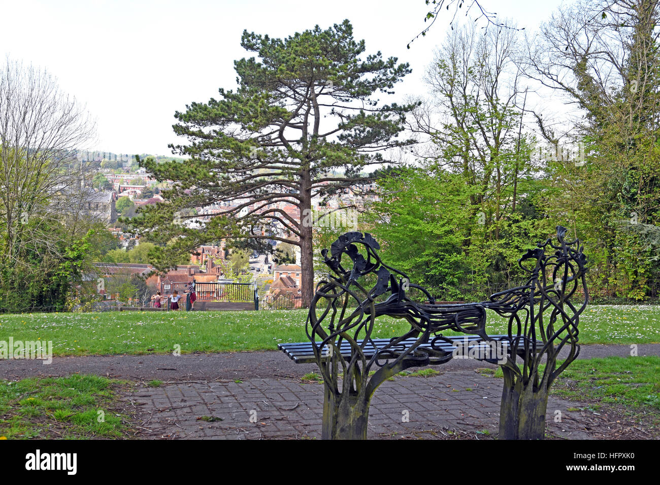 Sculptured seat on St Giles hill overlooking Winchester town, Hampshire,