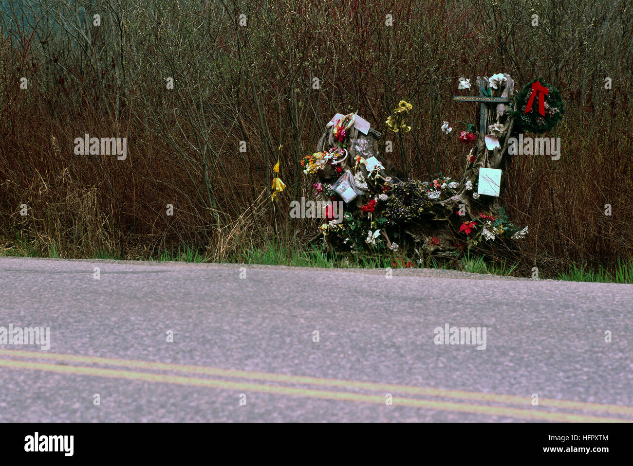 Roadside Memorial Shrine and Tribute for Victim killed in Fatal Car Accident Stock Photo
