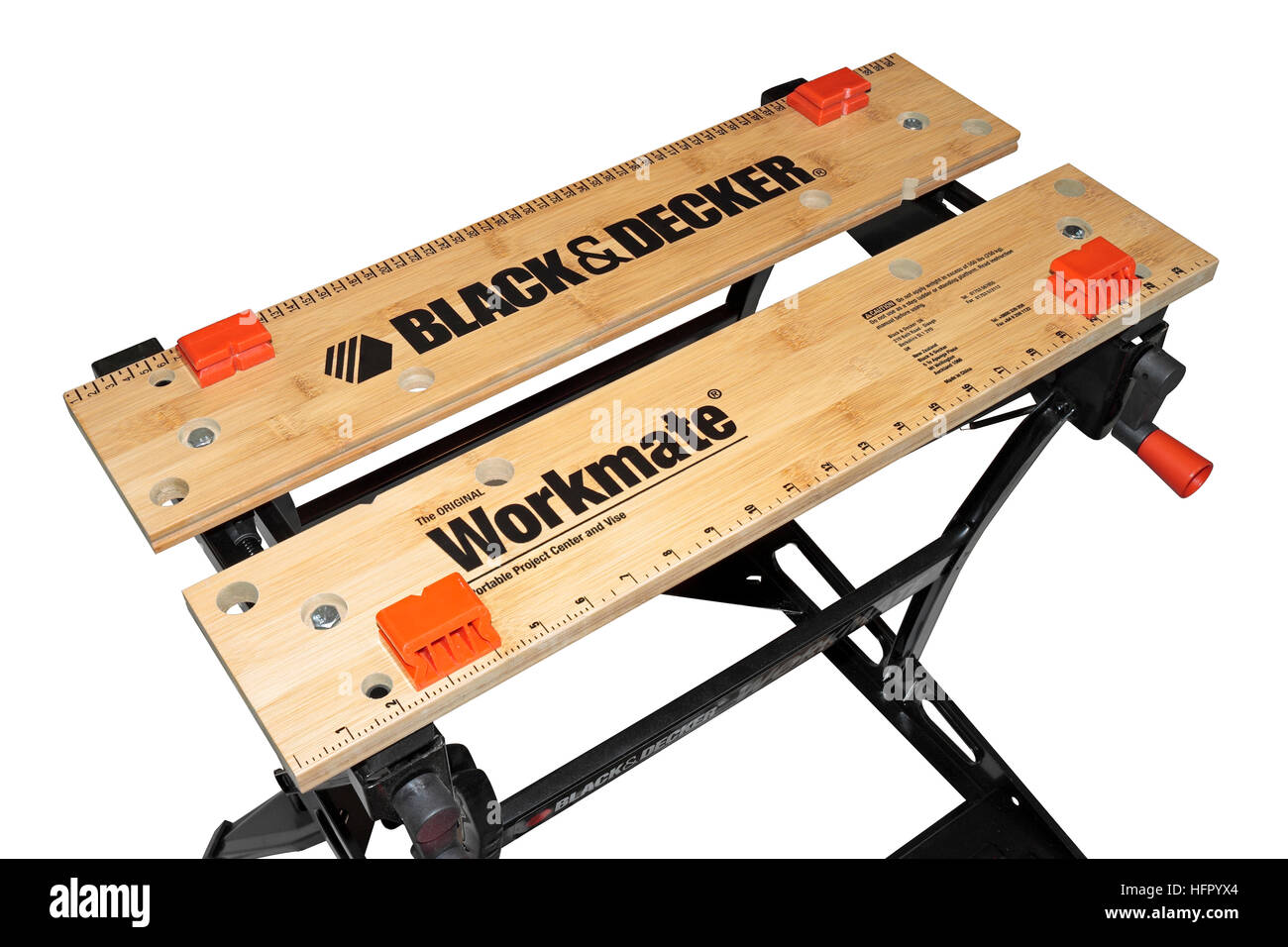 A Black and Decker Workmate work bench isolated on white background Stock Photo
