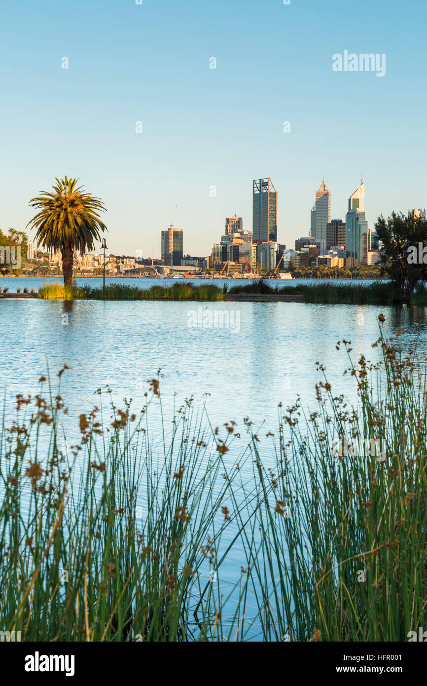 View across St James Mitchell Park and the Swan River to the city skyline at dawn, Perth, Western Australia, Australia Stock Photo