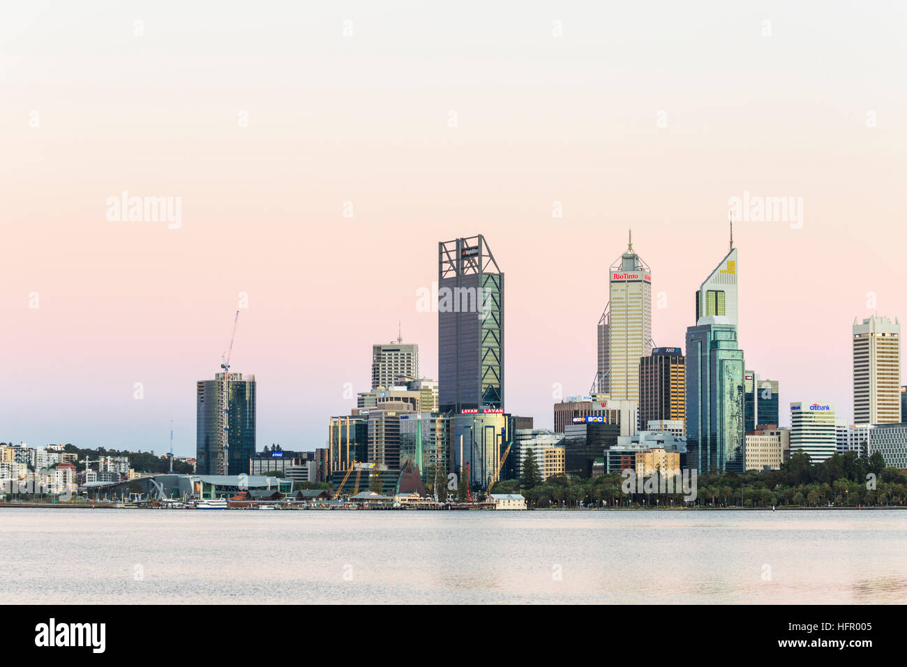 View across the Swan River to the city skyline from the South Perth foreshore, Perth, Western Australia, Australia Stock Photo