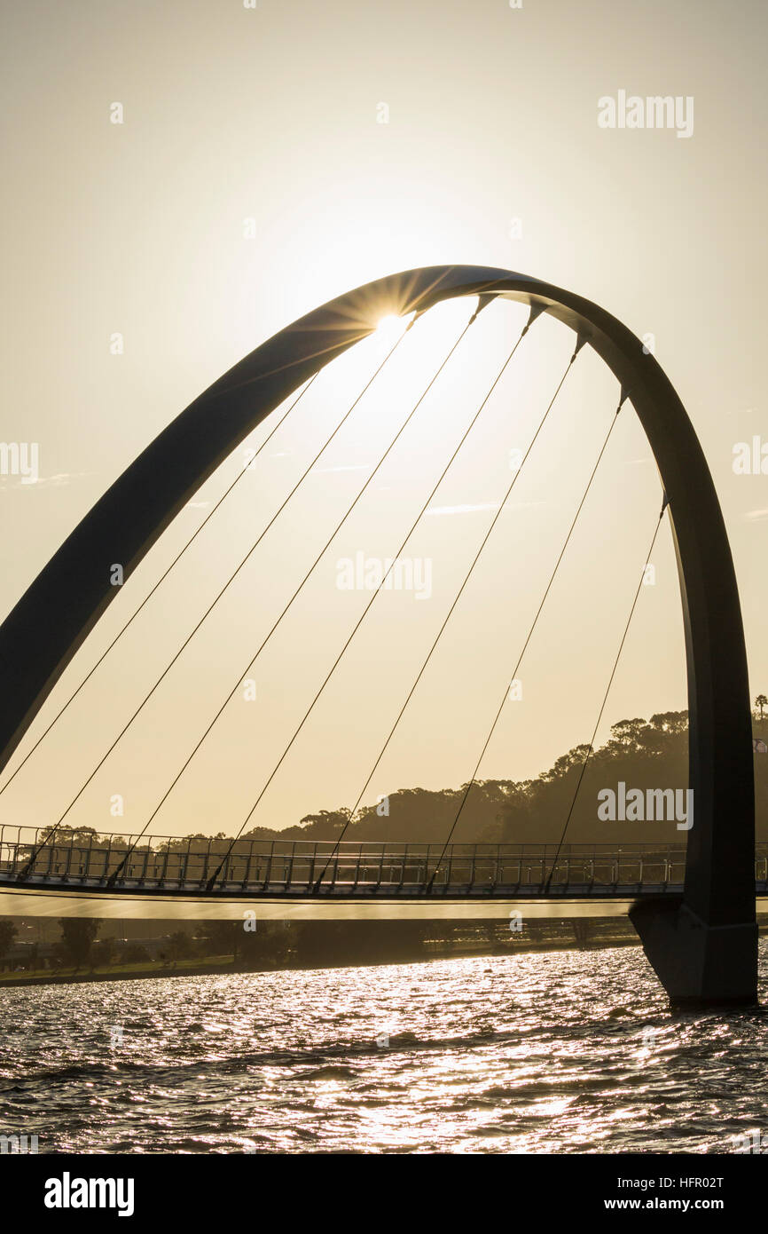 The Elizabeth Quay pedestrian bridge on the Swan River at sunset, Perth, Western Australia, Australia Stock Photo
