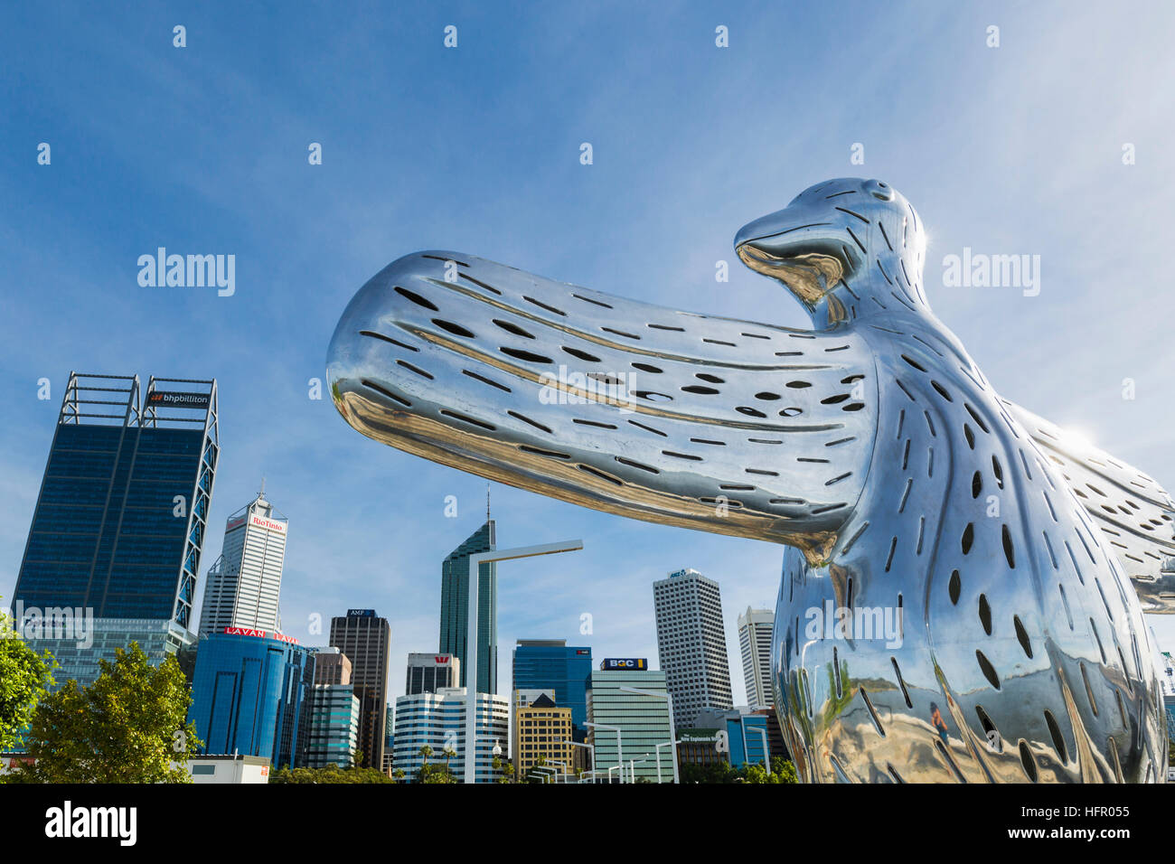 The First Contact sculpture on the Swan River waterfront at Elizabeth Quay & city skyline.  Perth, Western Australia, Australia Stock Photo