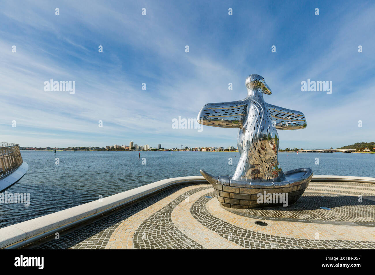 The First Contact sculpture on the Swan River waterfront at Elizabeth Quay.  Perth, Western Australia, Australia Stock Photo