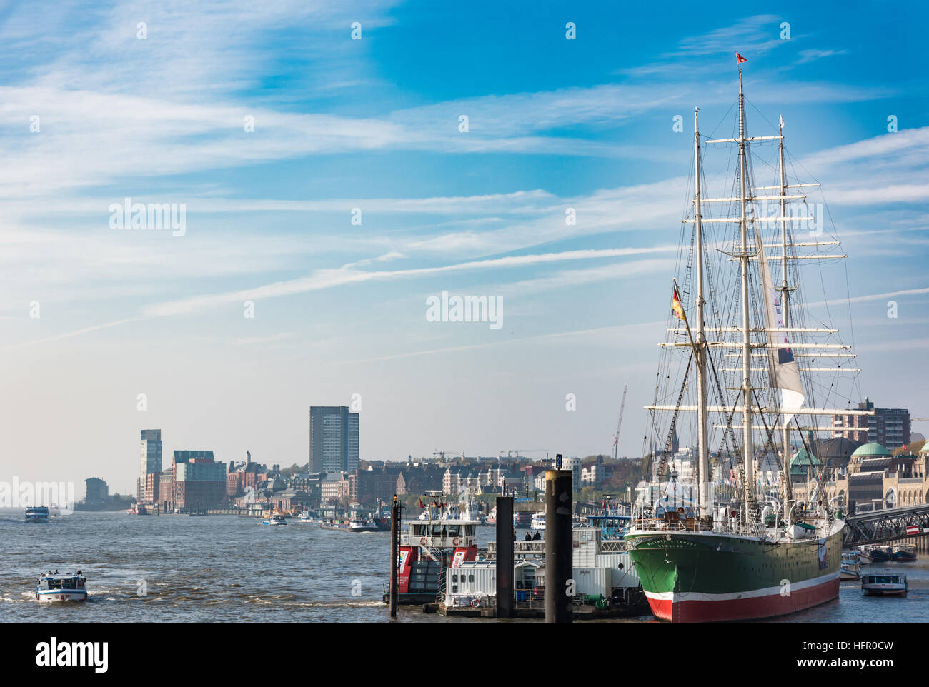 Hamburg, Germany - November 01, 2015: Tourists at the  Landungsbruecken and the  green sail ship Rickmer-Rickmers Stock Photo