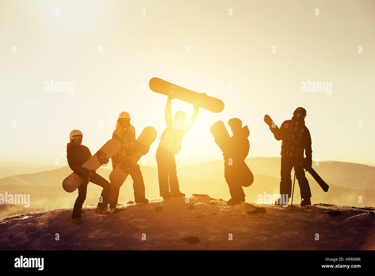 Group team friends ski snowboard skiers Stock Photo