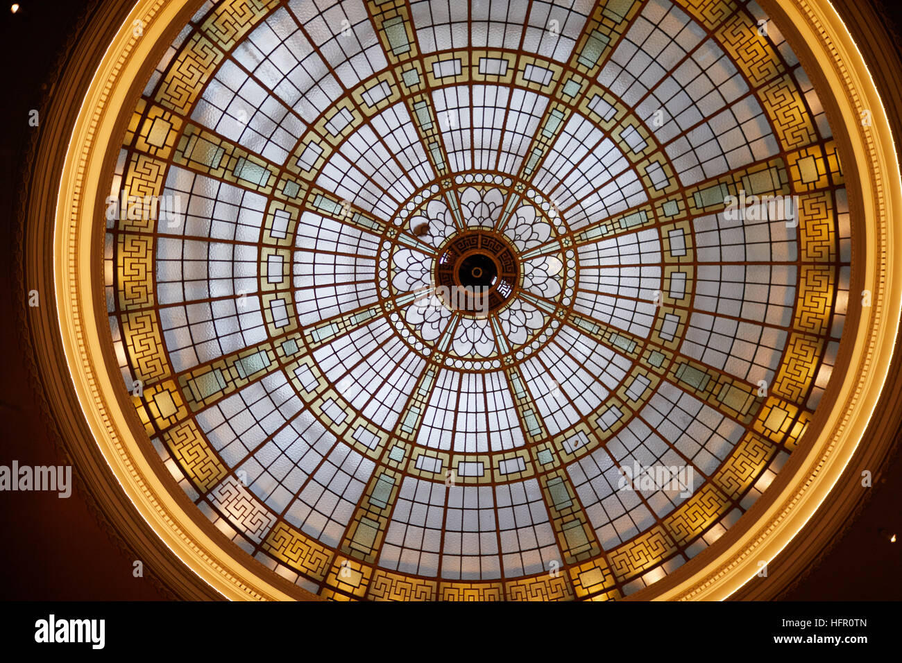 Principal hotel Manchester dome roof glass   Was Palace stained glass window circle looking up pattern large Travel Travellers Traveling tourist touri Stock Photo