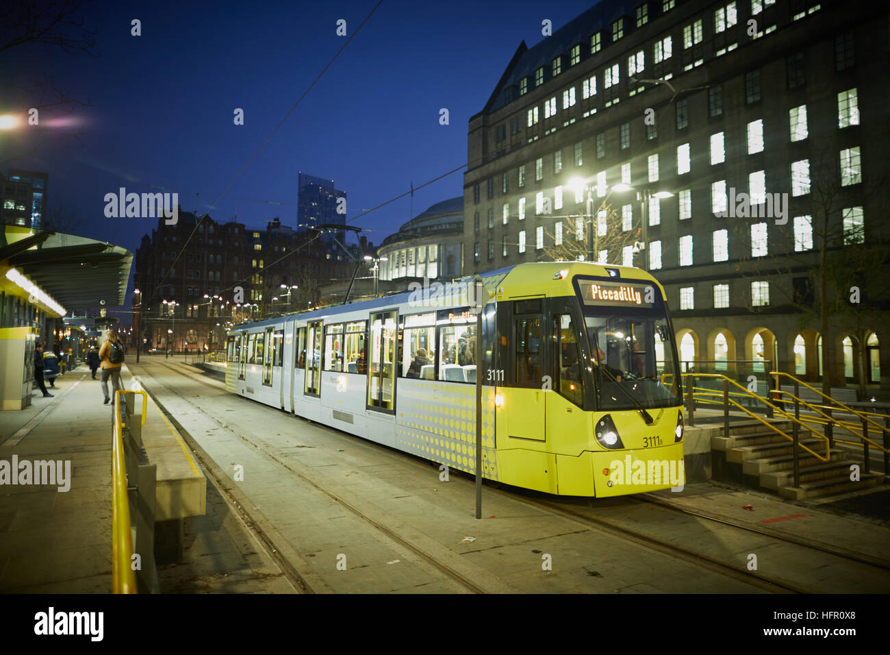 Manchester Peters square metrolink tram   Dusk Dawn evening daybreak night Transport transporter transportation transported traveling getting about by Stock Photo