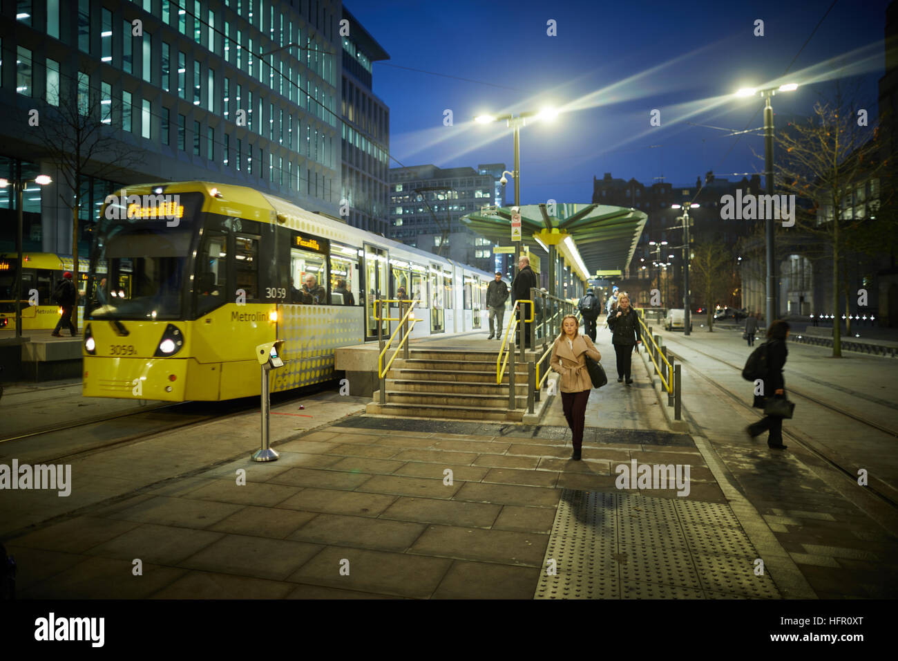 Manchester Peters square metrolink tram   Dusk Dawn evening daybreak night Transport transporter transportation transported traveling getting about by Stock Photo