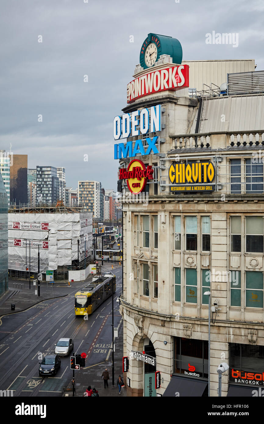 Manchester landmark view Urbis Printworks    entertainment venue cinema clubs eateries located corner of Withy Grove Corporation Street  city centre E Stock Photo