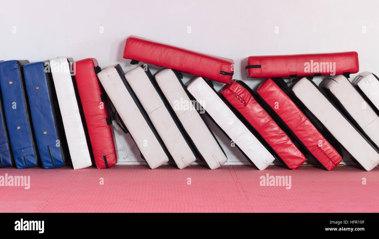 Large punching pads in a row, red white and blue Stock Photo Alamy