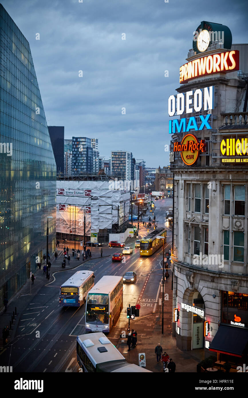 Manchester landmark view Urbis Printworks    entertainment venue cinema clubs eateries located corner of Withy Grove Corporation Street  city centre E Stock Photo