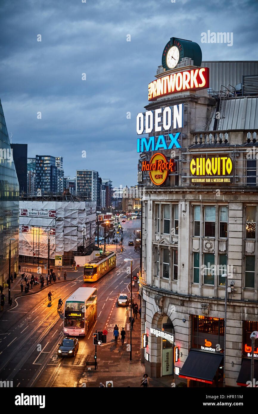 Manchester landmark view Urbis Printworks    entertainment venue cinema clubs eateries located corner of Withy Grove Corporation Street  city centre E Stock Photo