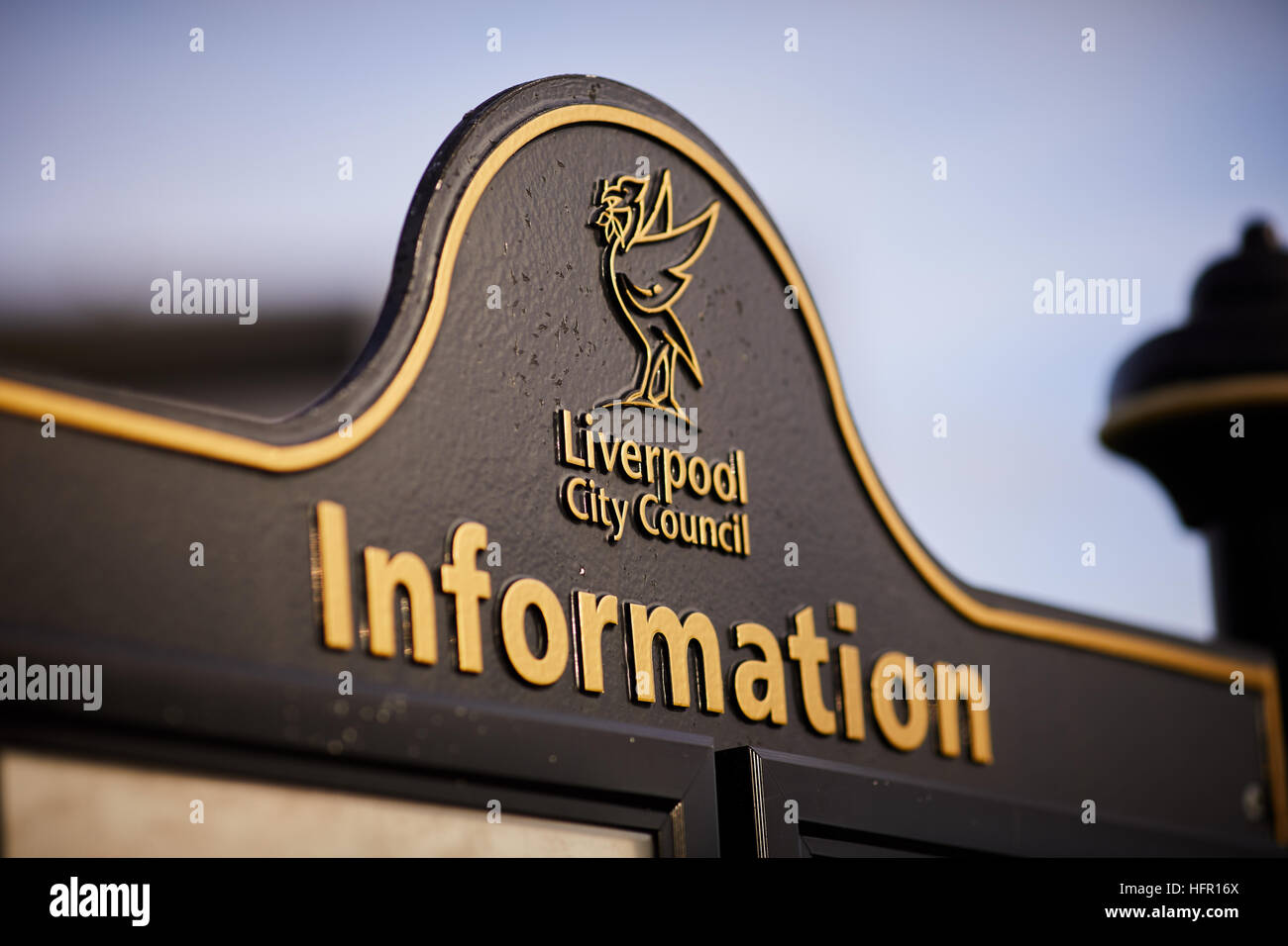 Liverpool council information   Notice board liver bird logo city metal sign Stock Photo