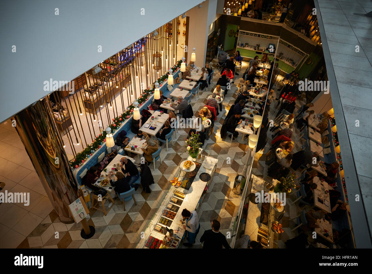 Manchester Selfridges restaurant interior   seating food much eating Elevated view high viewpoint above Ariel Restaurant dining food eating eating dri Stock Photo