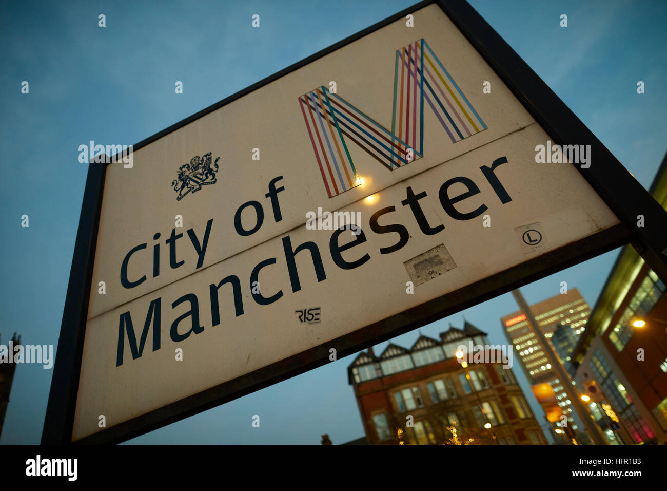 City of Manchester welcome sign   Council M logo metal road side notice welcome to M logo city of Manchester sign street Peter Saville design M travel Stock Photo