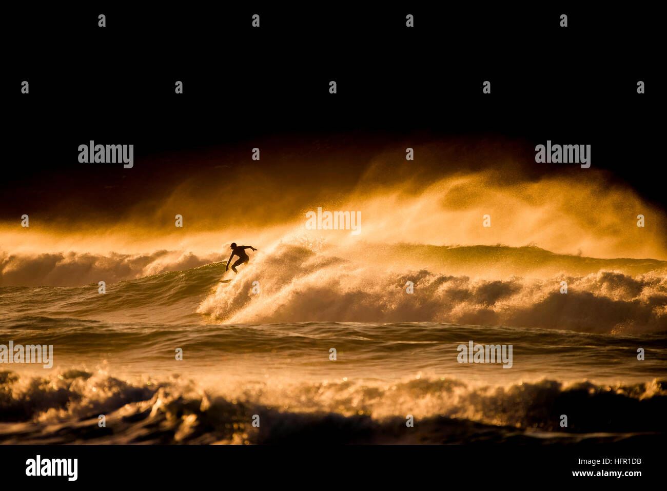A surfer rides a wild wave during a golden sunset at Fistral Beach in Newquay, Cornwall.  Surfer in action. UK. Stock Photo