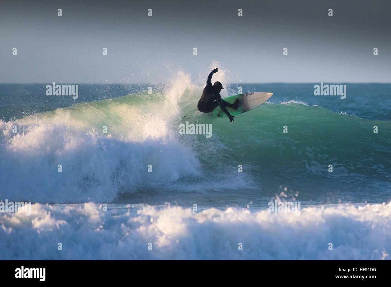 Exhilarating surfing action action at Fistral in Newquay, Cornwall, England. UK. Stock Photo