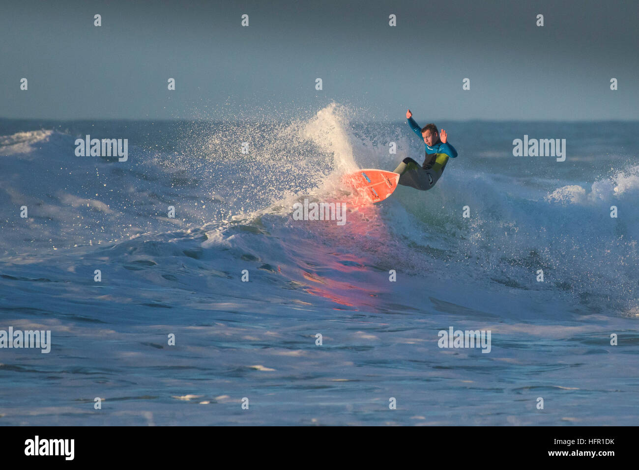 Exhilarating surfing action action at Fistral in Newquay, Cornwall, England. UK. Stock Photo