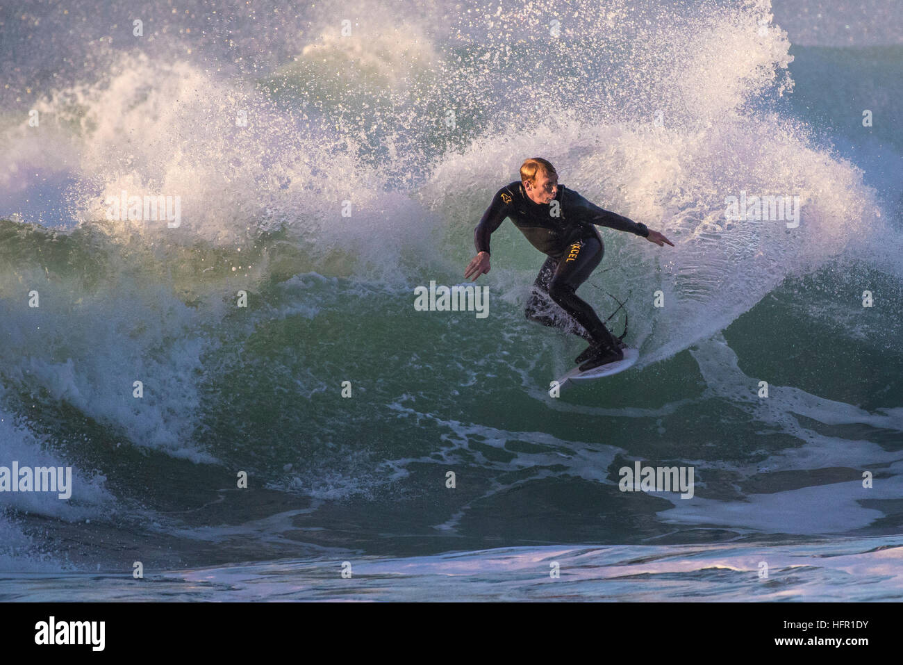 Exhilarating surfing action action at Fistral in Newquay, Cornwall, England. UK. Stock Photo