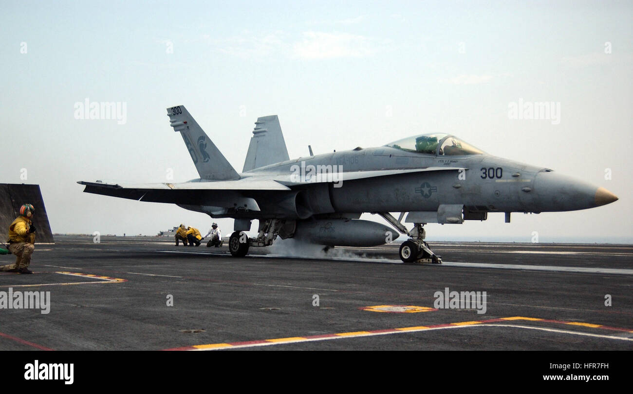 060608-N-1121F-006 Atlantic Ocean (June 8, 2006) - An F/A-18C Hornet prepares to launch from the flight deck aboard the Nimitz-class aircraft carrier USS Theodore Roosevelt (CVN 71). Roosevelt is underway conducting routine training in the Atlantic Ocean. U.S. Navy Photo by Photographer's Mate 3rd Class Jacob Fadley (RELEASED) US Navy 060608-N-1121F-006 An F-A-18C Hornet prepares to launch from the flight deck aboard the Nimitz-class aircraft carrier USS Theodore Roosevelt (CVN 71) Stock Photo