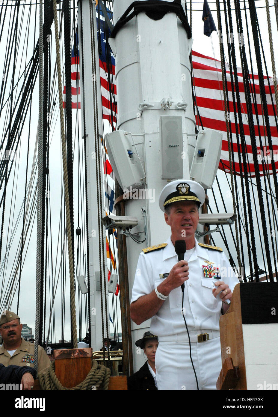 060610-N-5322S-004 Boston (June 10, 2006) Ð Commander, U.S. 2nd Fleet, Vice Adm. Mark Fitzgerald, addresses the crowd on USS Constitution's Military Appreciation Day turnaround cruise. The turn-around cruise is one of the high points of Boston Navy Week. Twenty-four such weeks are planned this year in cities throughout the U.S., arranged by the Navy Office of Community Outreach (NAVCO). NAVCO is tasked with enhancing the Navy's brand image in areas with limited exposure to the Navy. U.S. Navy photo by Seaman Michelle Sowers (RELEASED) US Navy 060610-N-5322S-004 Commander, U.S. 2nd Fleet, Vice  Stock Photo