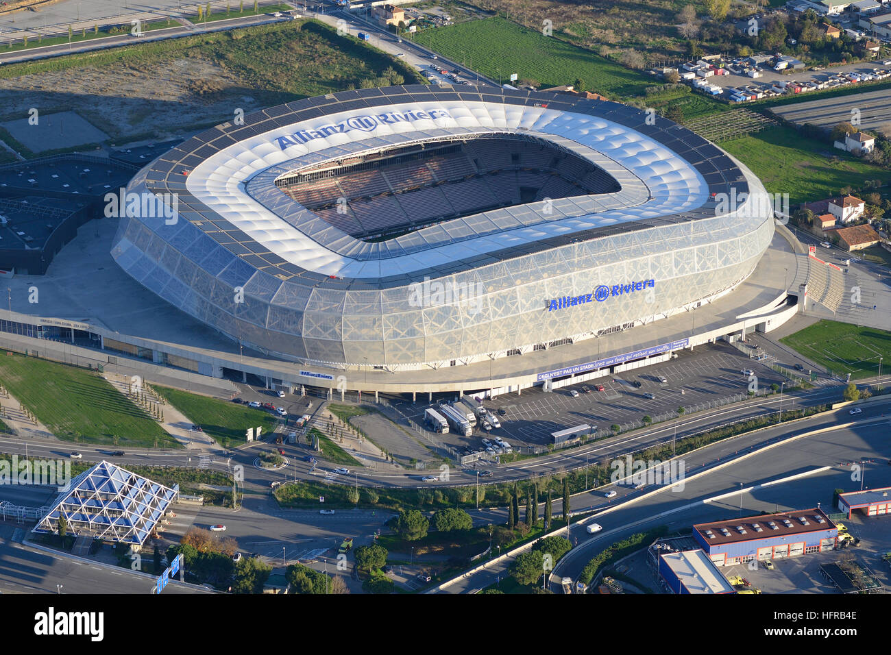 AERIAL VIEW. Allianz Riviera Stadium; a large (capacity of 45,000) multi-use arena built in 2013. Nice, Alpes-Maritimes, France. Stock Photo
