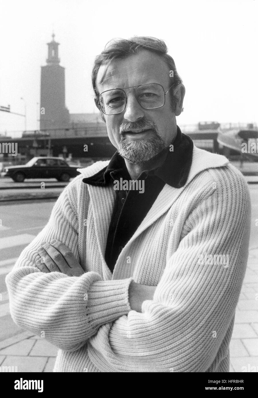 Roger Whittaker Kenyan British singer song writer with Stockholm City hall in background 1970s Stock Photo